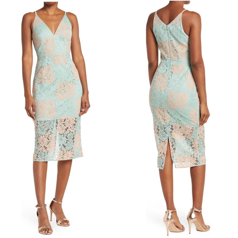 Dress the Population Aurora Sleeveless Plunge Lace Midi Dress Seafoam Size Small